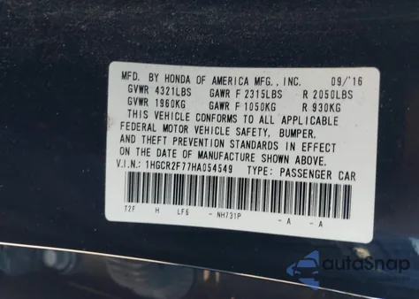 2017 Honda Accord Ex z USA, uszkodzony, nr VIN 1HGCR2F77HA054549